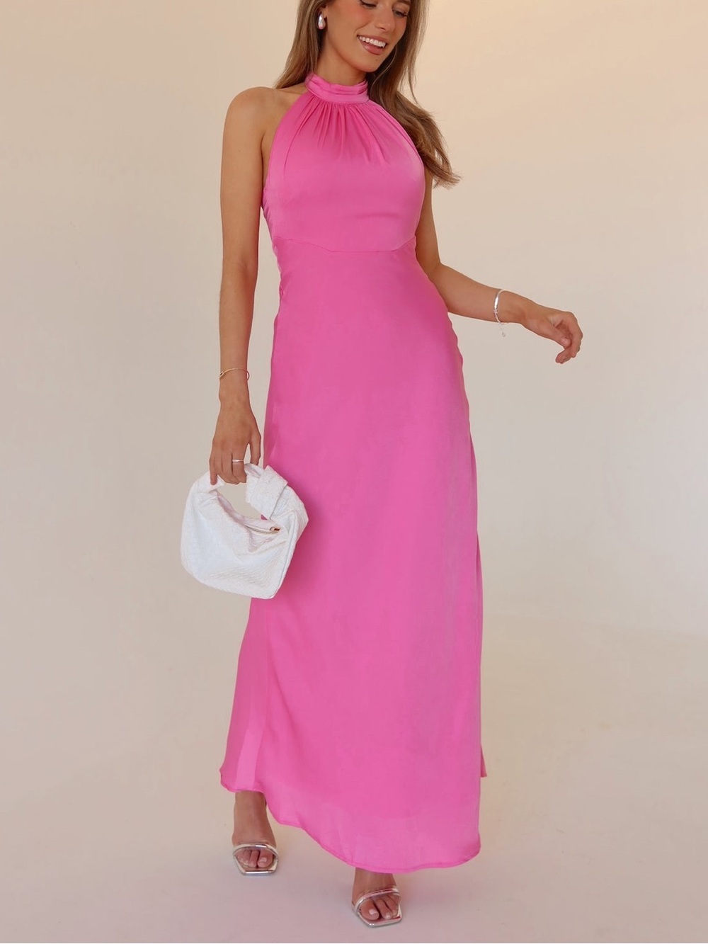 Here Comes The Sun Hot Pink Halter Maxi Dress Size S Elegant Evening Wear NEW - Picture 8 of 12